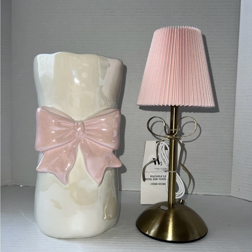 Sheffield Home Portable Led Gold Bow Coquette Pink Lamp Touch Control & Bow Vase